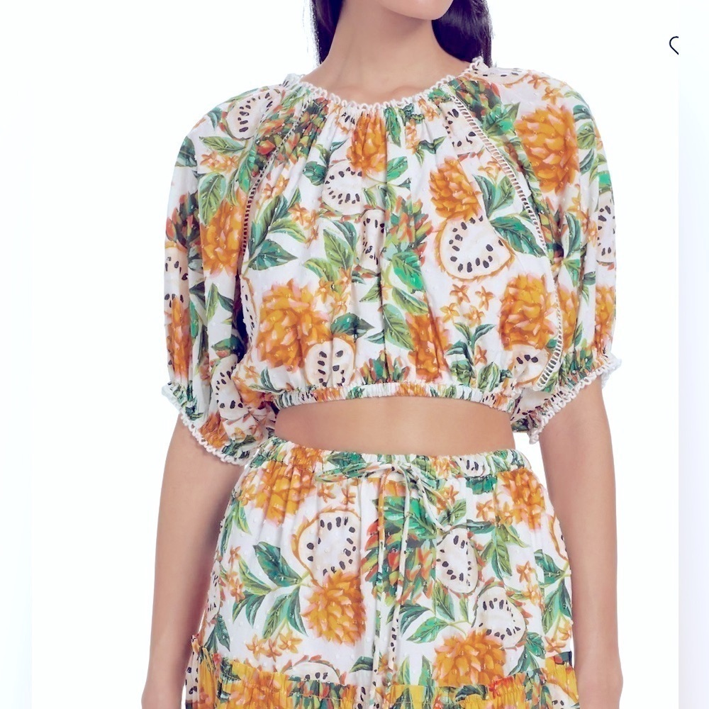 New Farm Río Biriba Tropical Crop Top Puff Sleeve Yellow Green Women size M